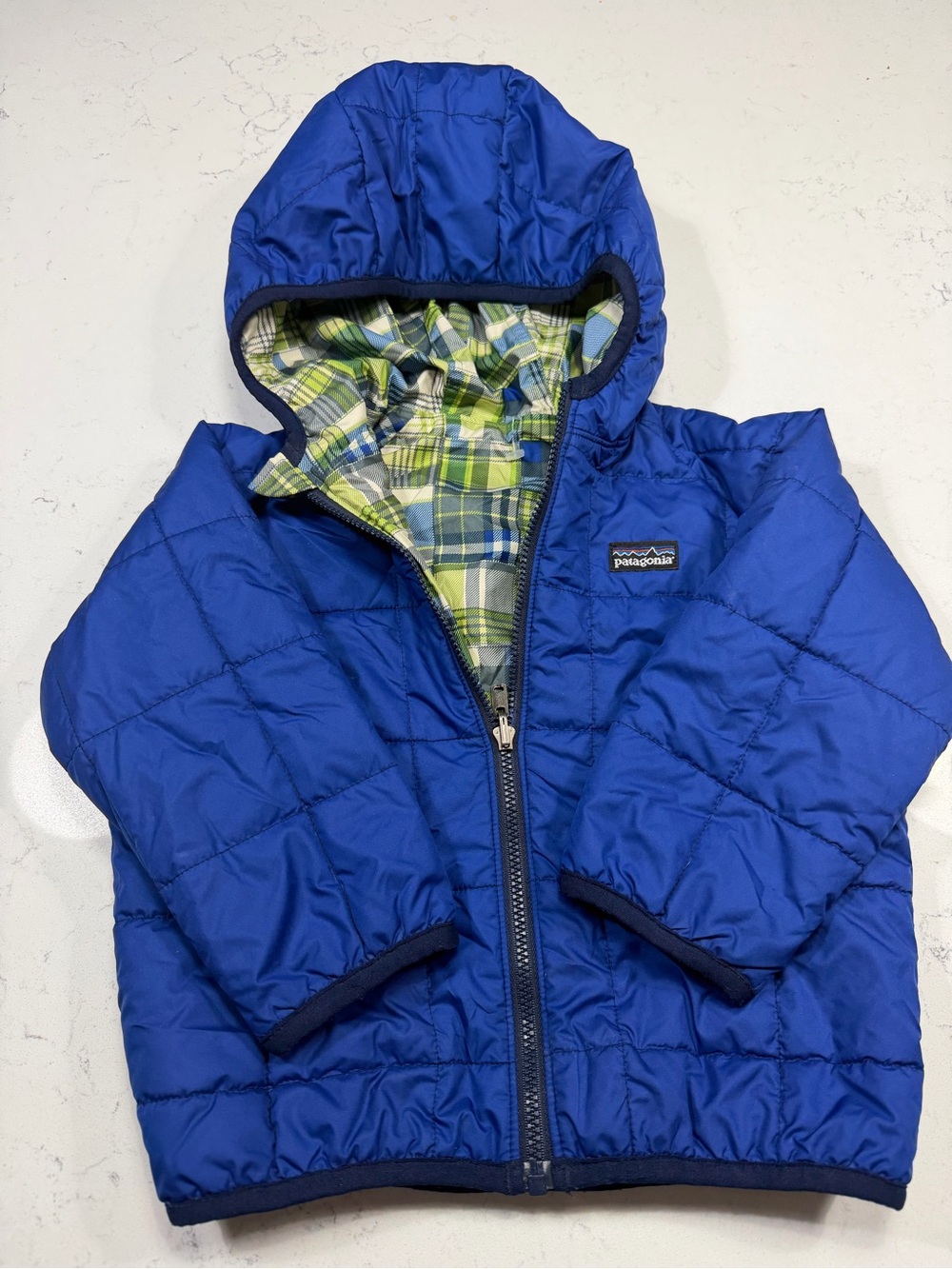 Patagonia Baby Puffer Jacket Blue Plaid Lined Hooded Full Zip 12-24 Months